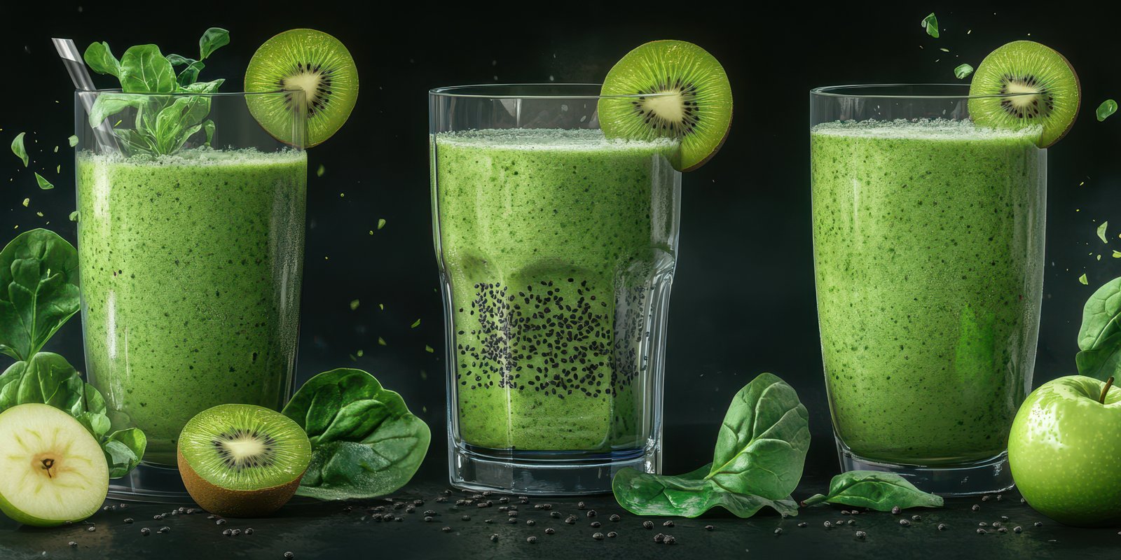 Delicious green smoothies made with spinach, kiwi, and apples served with fresh ingredients on a dark background
